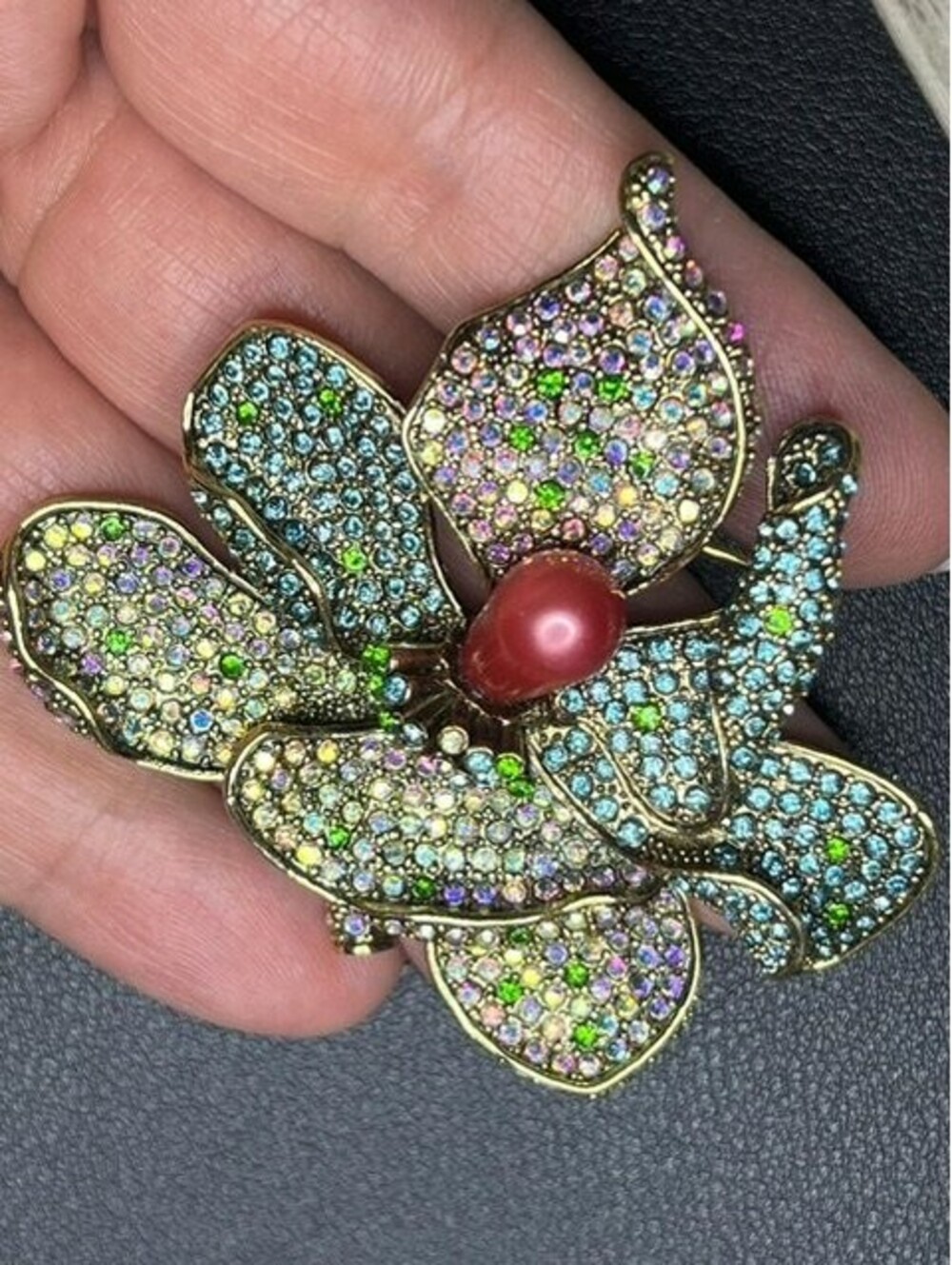 B7536 Floral Brooch Pin 2.57" Rhinestone Multi-Color Gold Tone Statement Jewelry